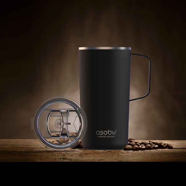 ספל תרמי ממותג מנירוסטה ציפוי קרמי פנימי- 600 מ"ל מכסה טרייטן עם ידית מבית ASOBU